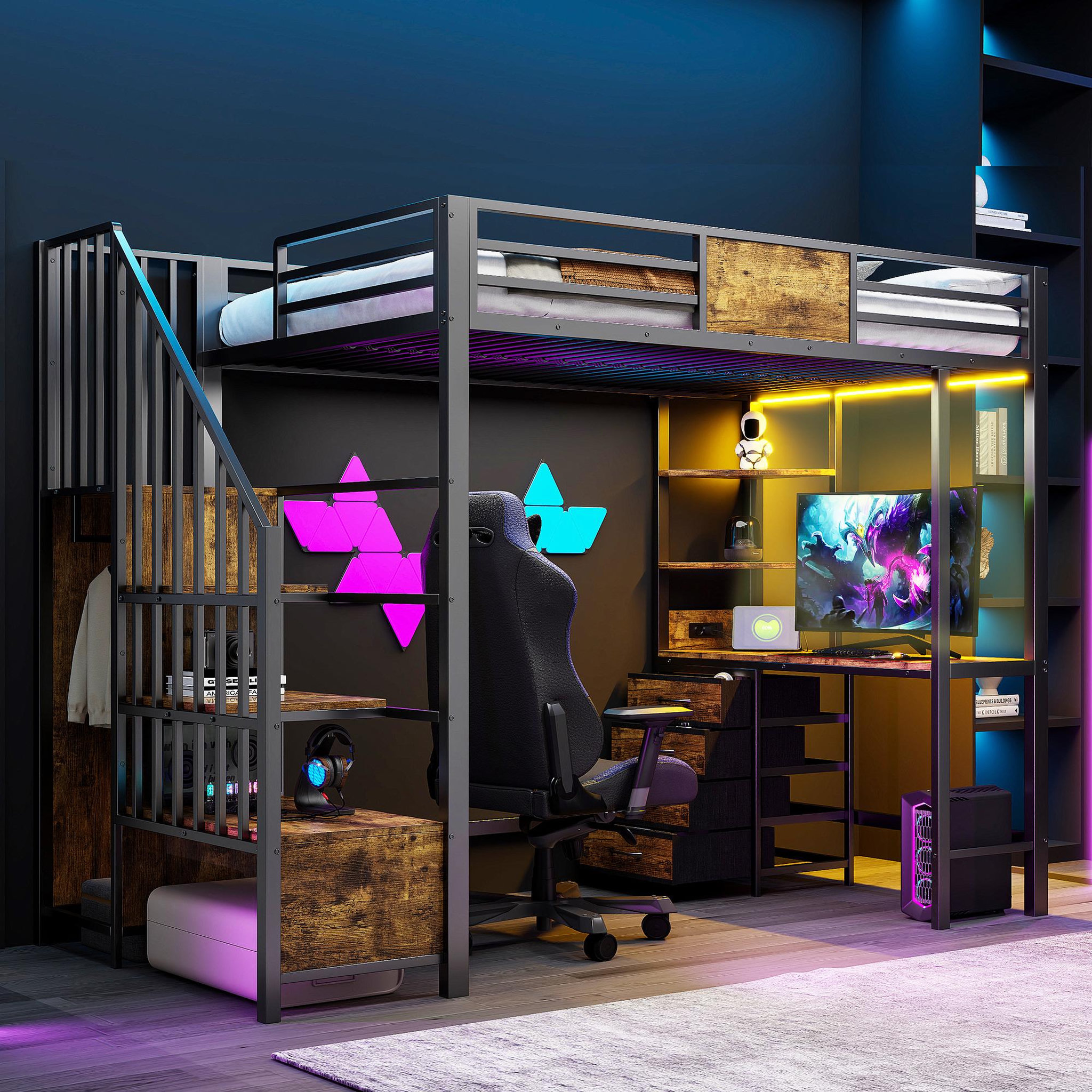 Voir la diapositive 4 : MERAX Lit mezzanine 90x200 cm coloris noir led métal