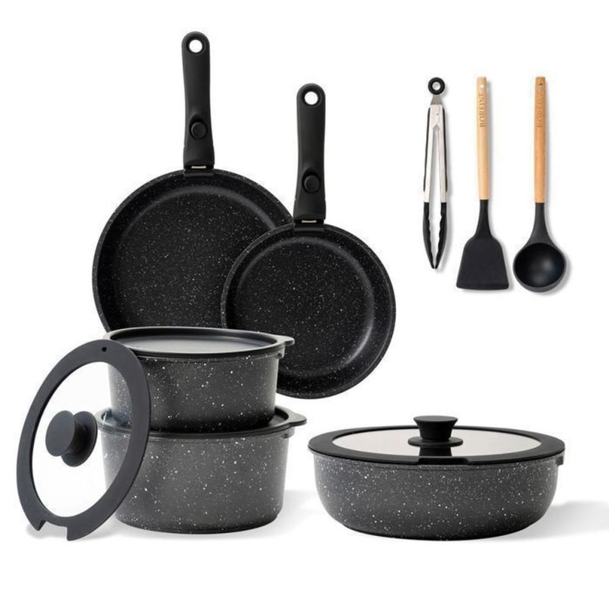 Coffret batterie de cuisine 14 pièces effet pierre noir, revêtement antiadhésif, poignées amovibles, couvercles silicone et conservation, compatible induction et four jusqu'à 250°C