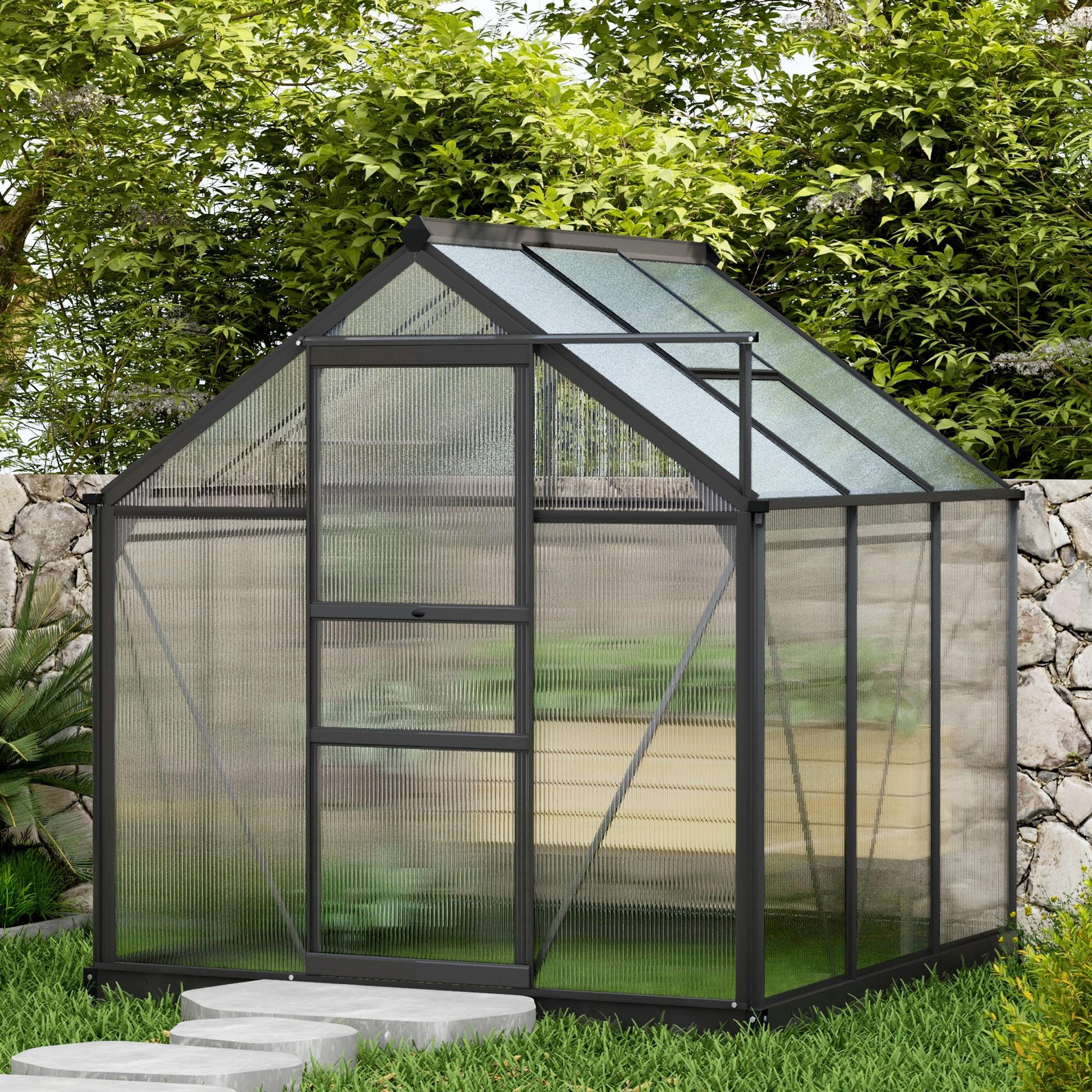 Voir la diapositive 2 : OUTSUNNY Serre de jardin aluminium polycarbonate 3,65 m² dim. 1,9l x 1,92l x 2,01h m lucarne, porte coulissante + fondation incluse alu. Gris polycarbonate transparent