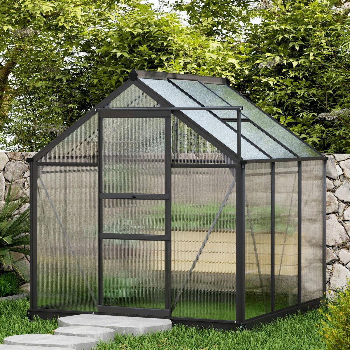OUTSUNNY Serre de jardin aluminium polycarbonate 3,65 m² dim. 1,9L x 1,92l x 2,01H m lucarne, porte coulissante + fondation incluse alu. gris polycarbonate transparent