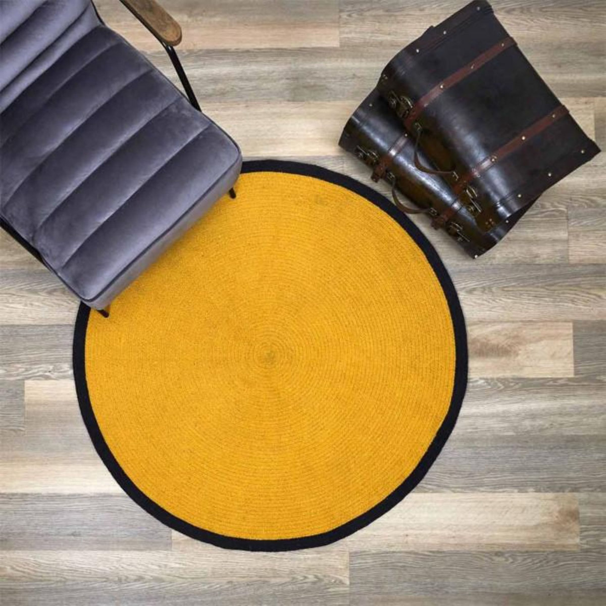 Paris Prix Tapis Rond en Coton  Bord  120cm Moutarde & Noir