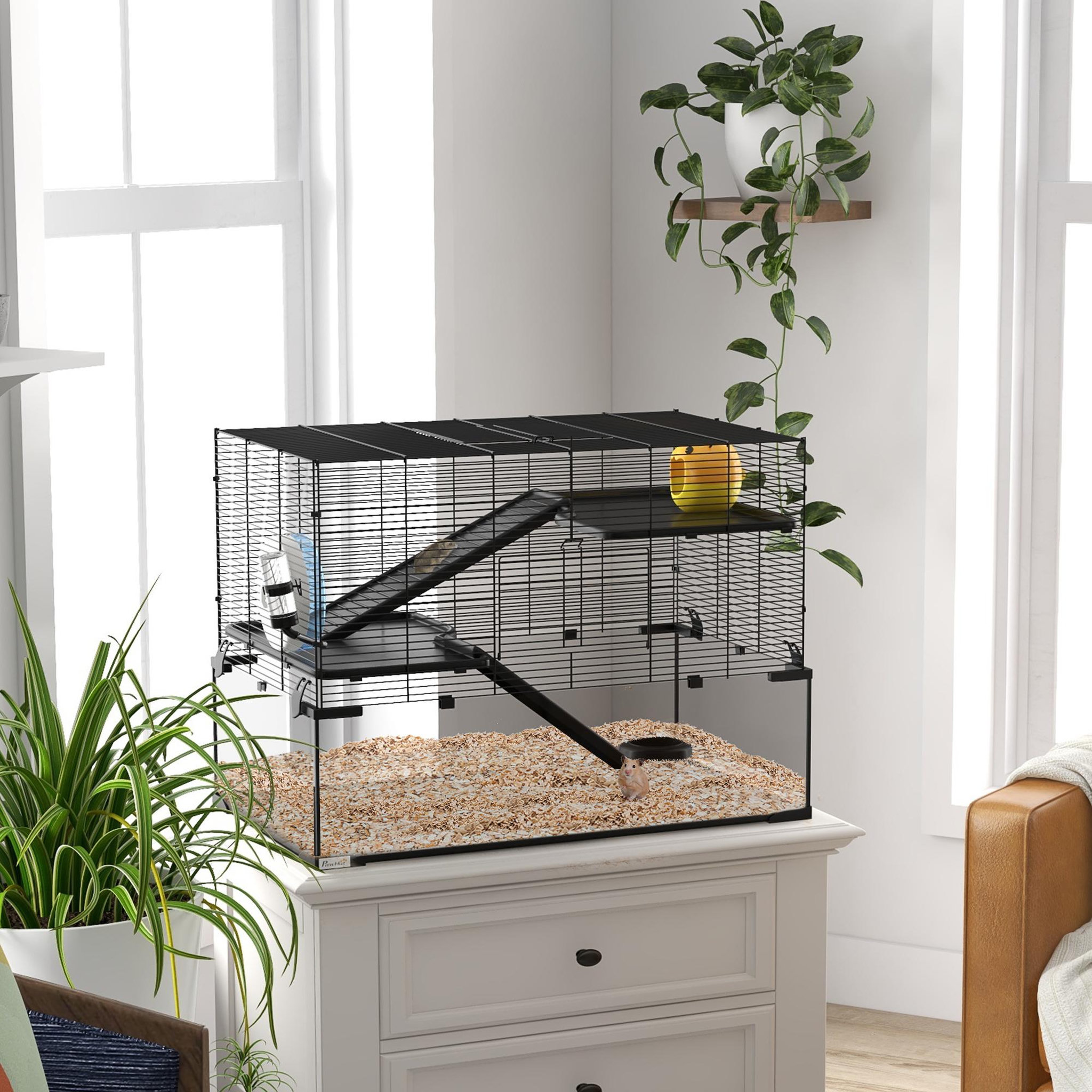 Voir la diapositive 4 : PAWHUT Cage hamster rongeur 3 niveaux 76 x 48 x 54 cm - roue, rampes, maisonnette, abreuvoir, mangeoire - noir