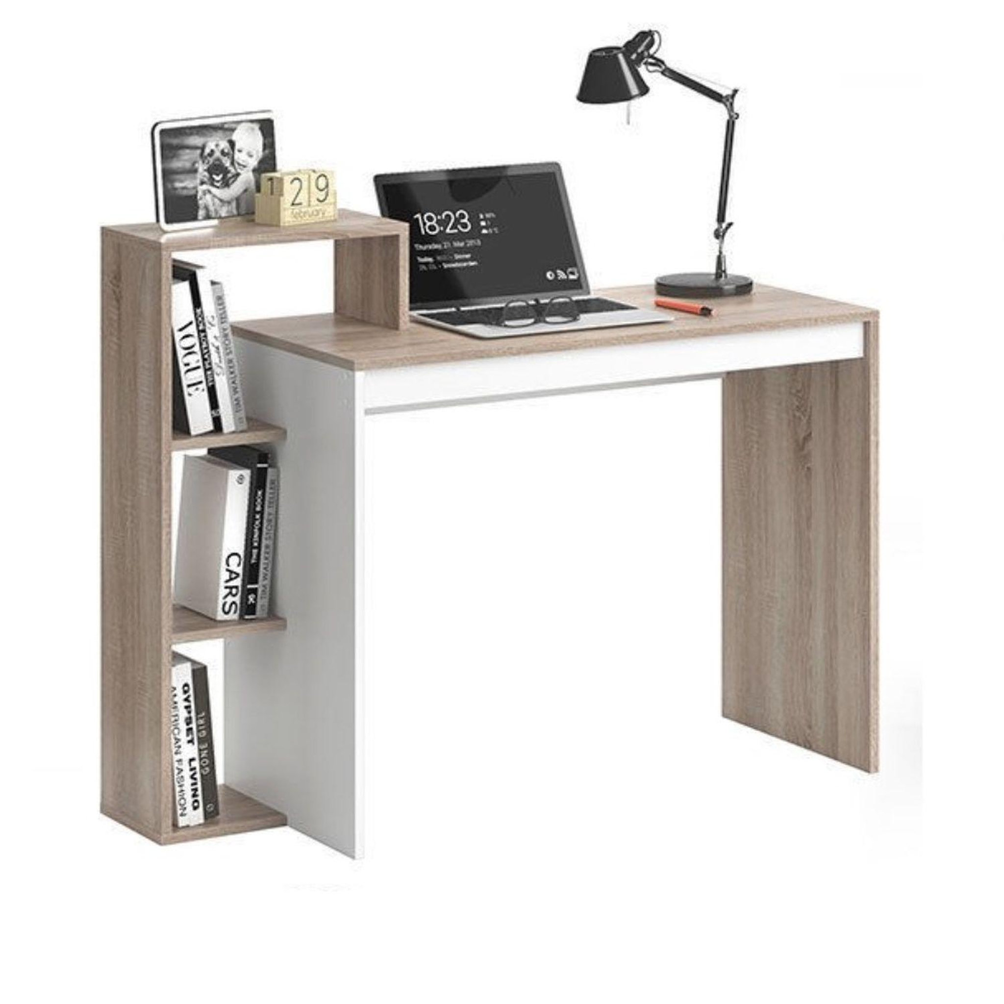 Voir la diapositive 1 : TOILINUX Bureau au design scandinave Isidor - L. 110 x H. 91 cm - Couleur bois et blanc
