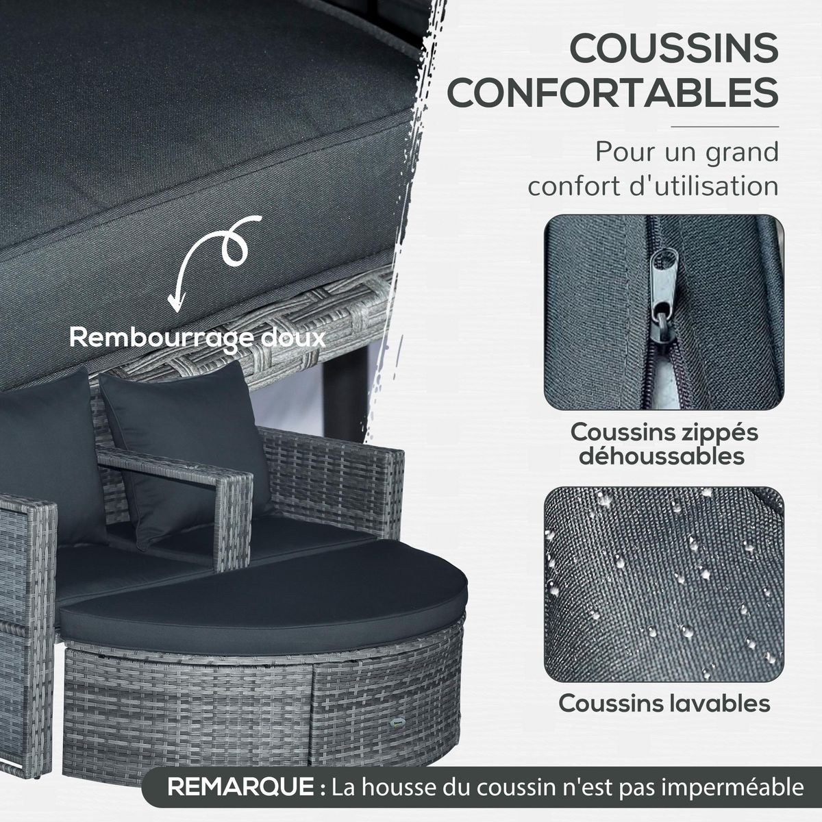 OUTSUNNY Ensemble salon de jardin 2 places 3 pièces - canapé 2 places, repose-pieds, parasol - coussins inclus - résine tressée gris