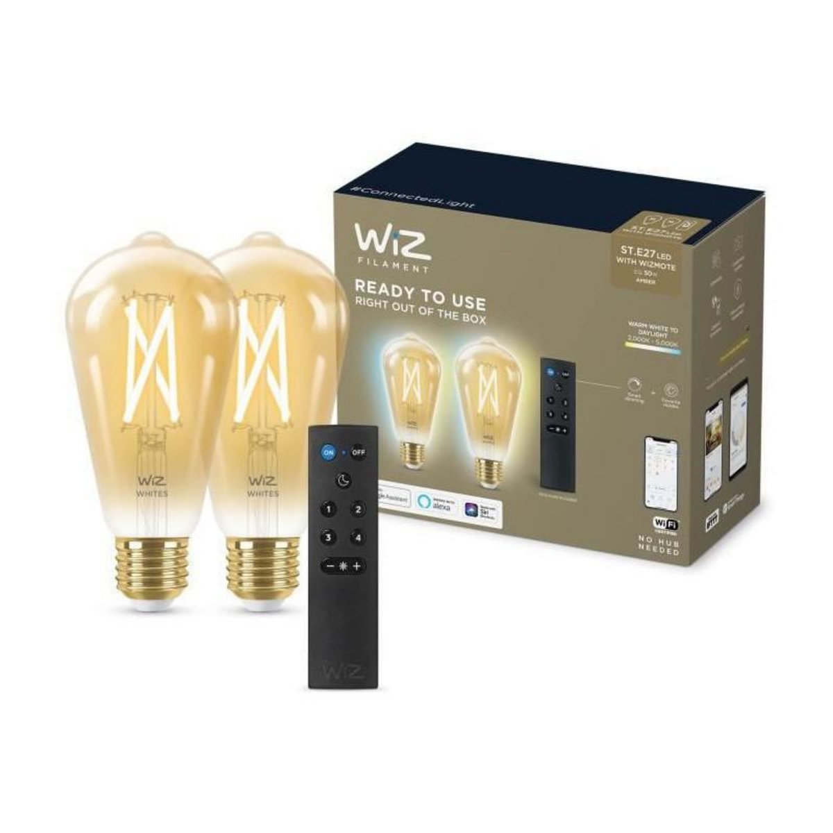 WIZ Kit de demarrage WiZ 2 ampoules connectees Edison Blanc variable E27 50W + Telecommande nomade variateur de lumiere