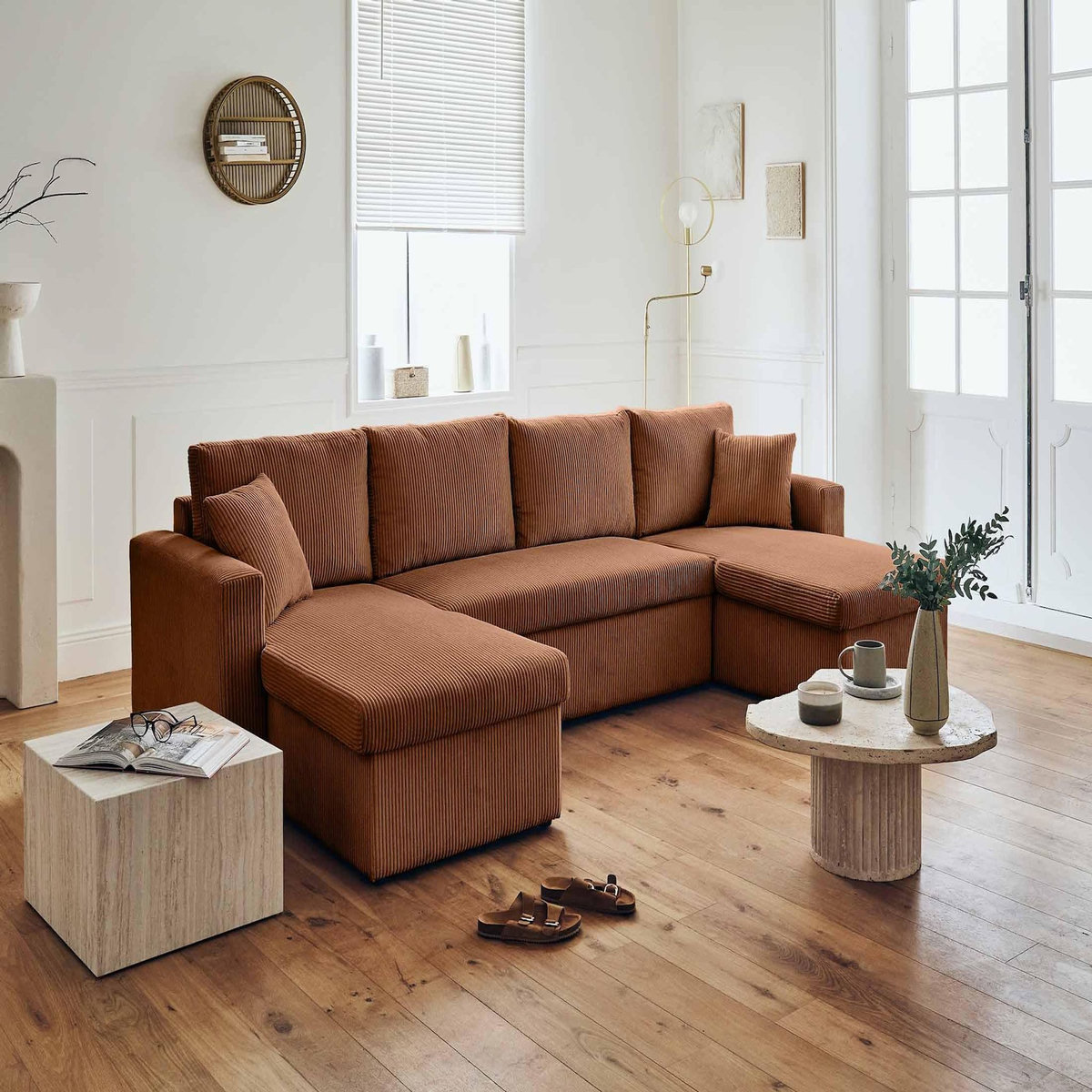 BEST MOBILIER Cyrus - canapé panoramique en u - 7 places - convertible avec coffre - en velours côtelé