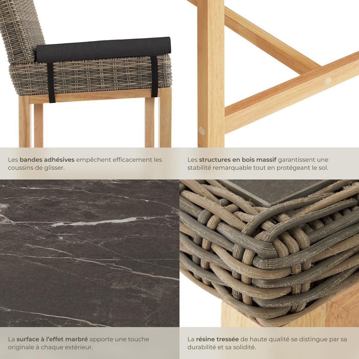 tectake Ensemble table en rotin avec 4 chaises avec cadre en aluminium marron naturel