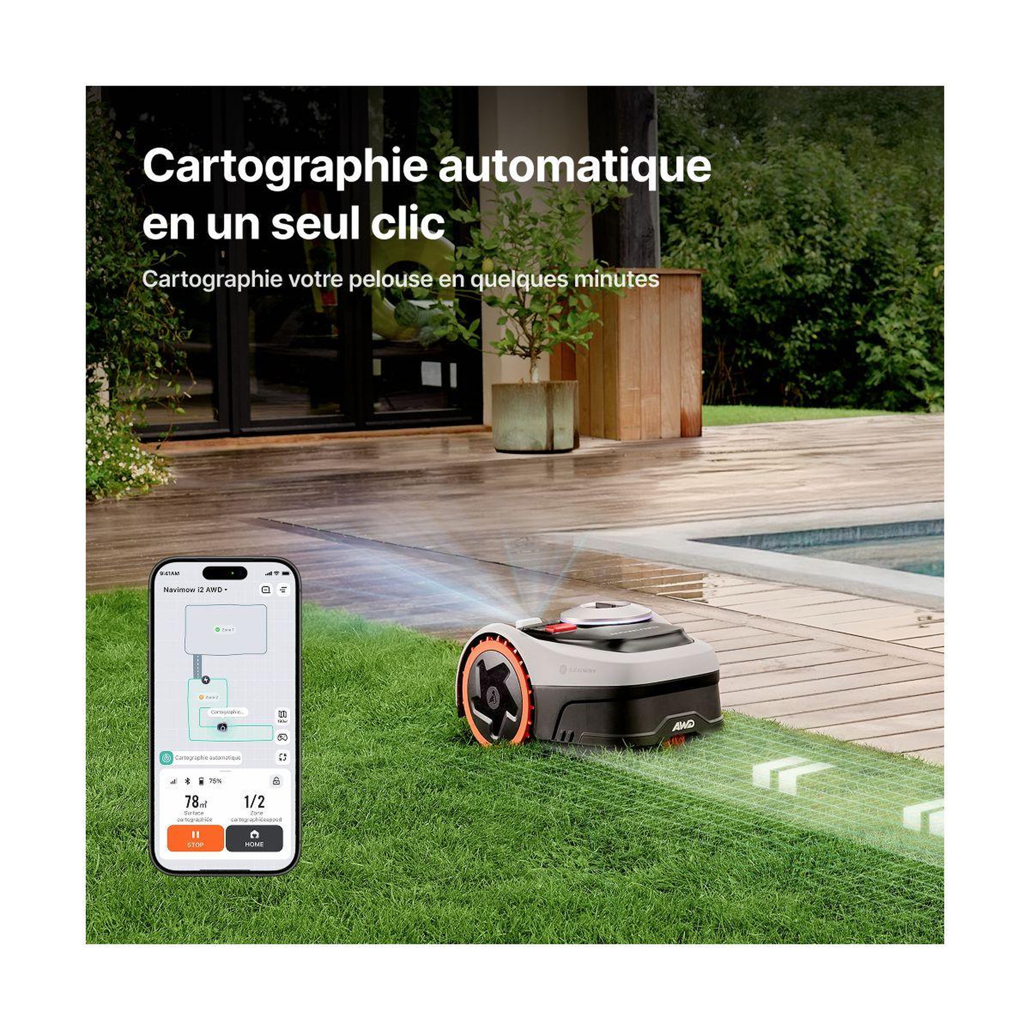 Voir la diapositive 4 : NAVIMOW Robot tondeuse i208 AWD - sans fil périphérique ni antenne, 3 roues motrices, pentes 45%, cartographie auto, 800m²