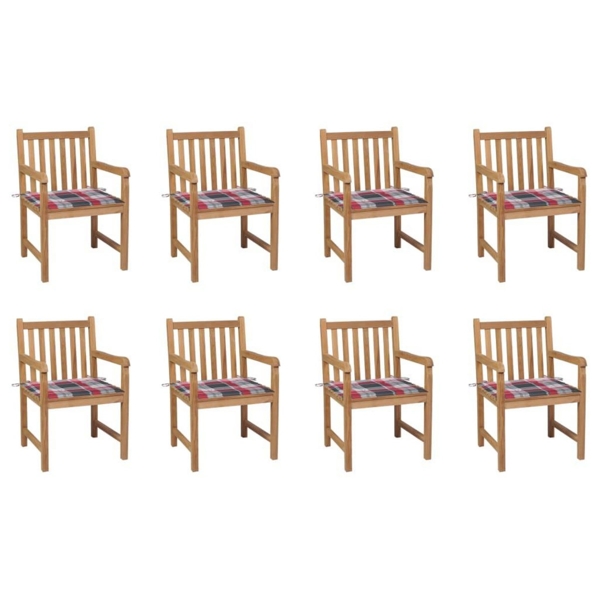 VIDAXL Chaises de jardin lot de 8 et coussins carreaux rouge Bois teck
