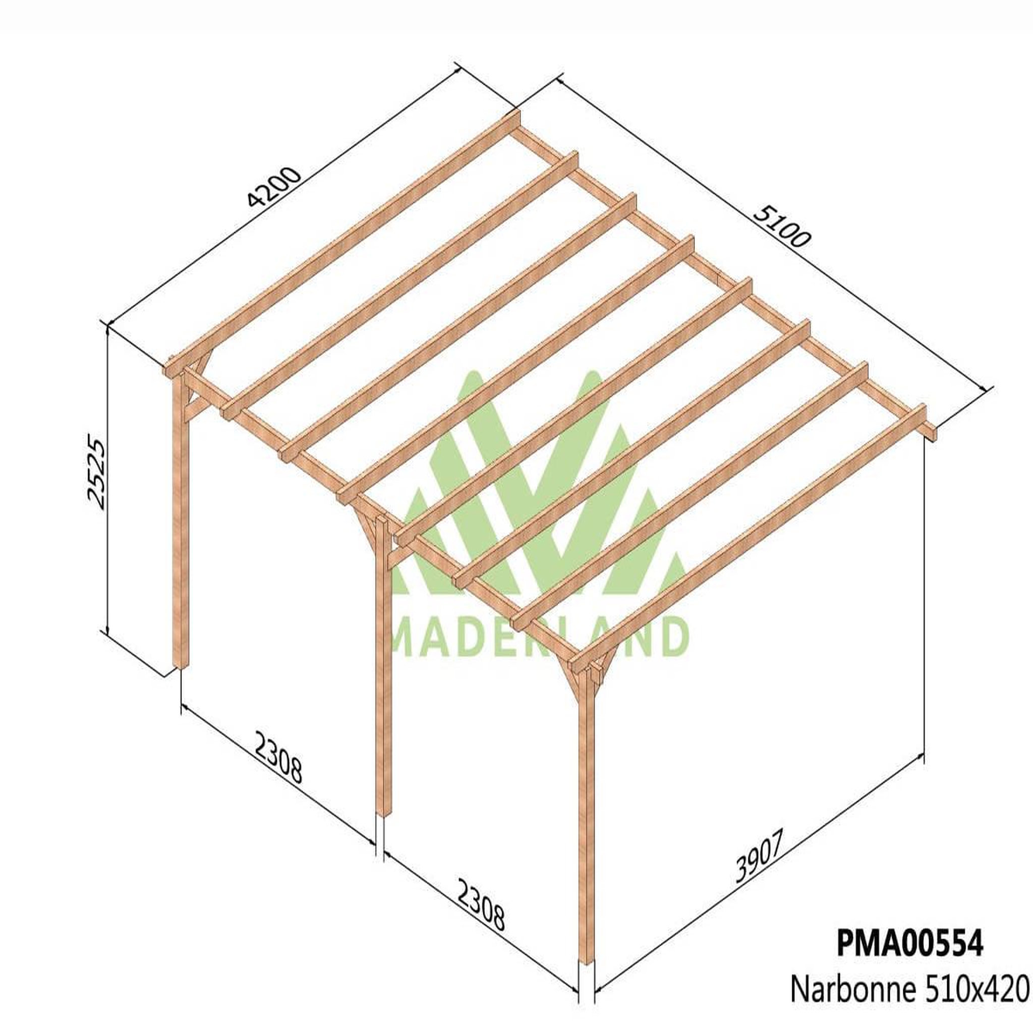 Voir la diapositive 2 : JARDIDECO Pergola adossée en bois massif narbonne 510 x 420 cm - maderland
