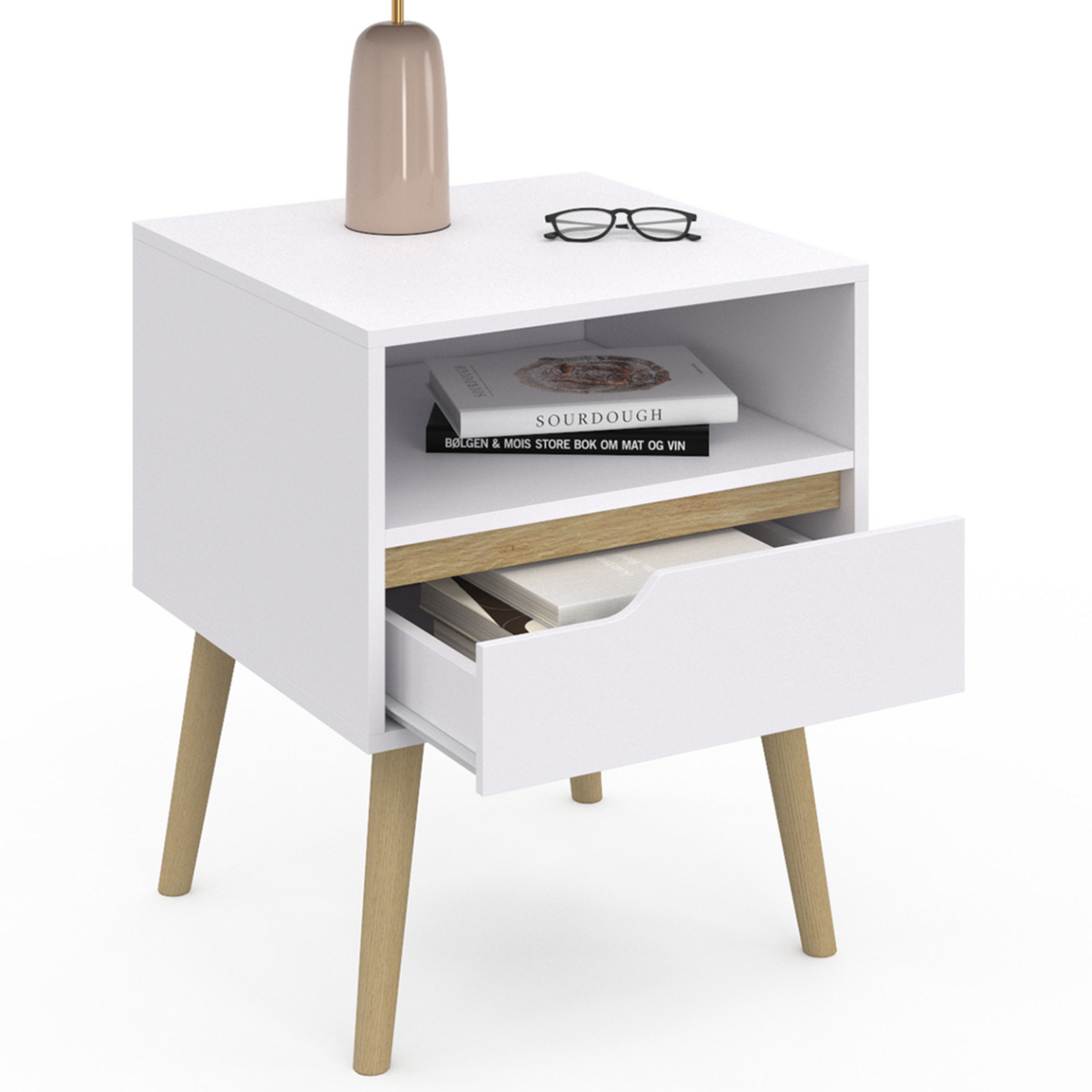 ID MARKET Lot de 2 tables de chevet HELSINKI scandinaves 1 tiroir avec niche blanc