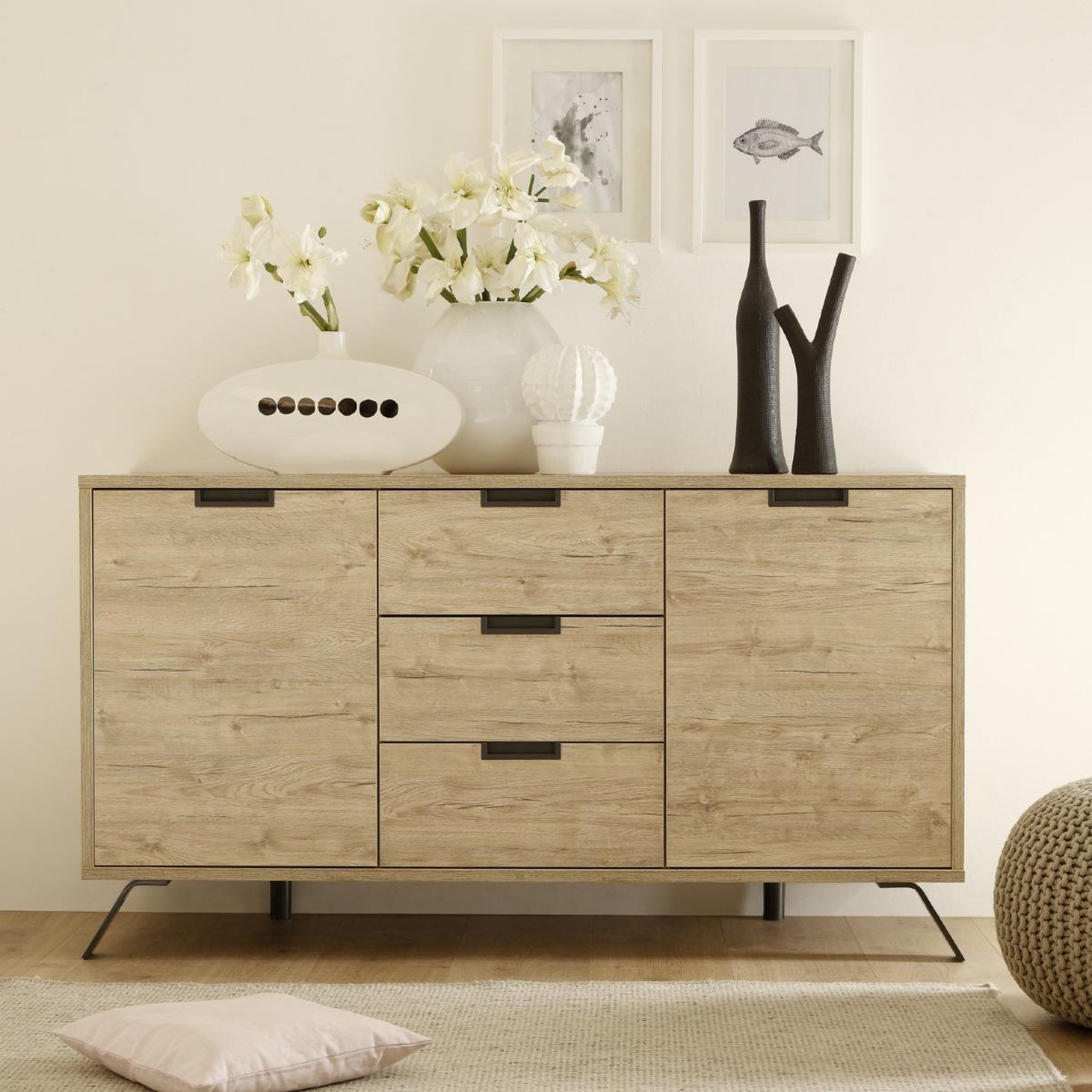 Voir la diapositive 2 : JLC KREATION Buffet moderne en bois 2 portes-3 tiroirs 160cm DIANA