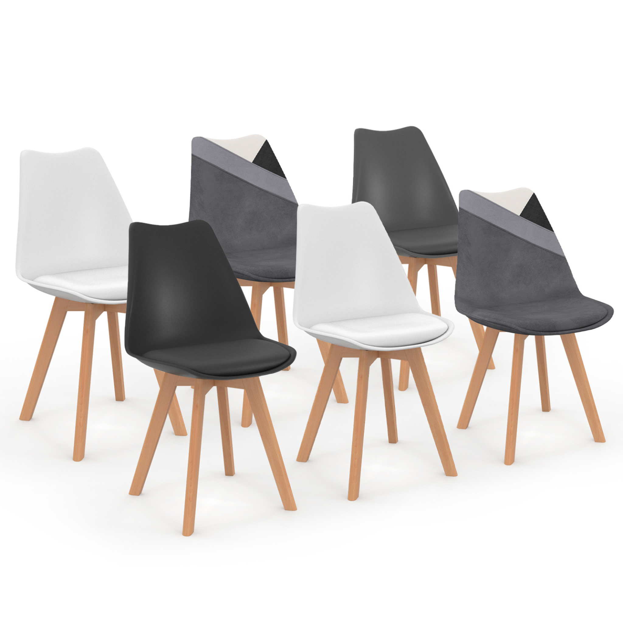 ID MARKET Lot de 6 chaises scandinaves sara gris foncé, blanc, noir et velours patchworks noir, gris et blanc