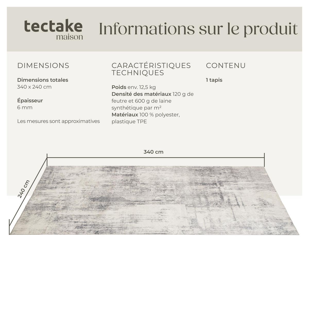 tectake Tapis design vintage à poils courts en laine synthétique et feutre beige/gris 240 x 340 cm