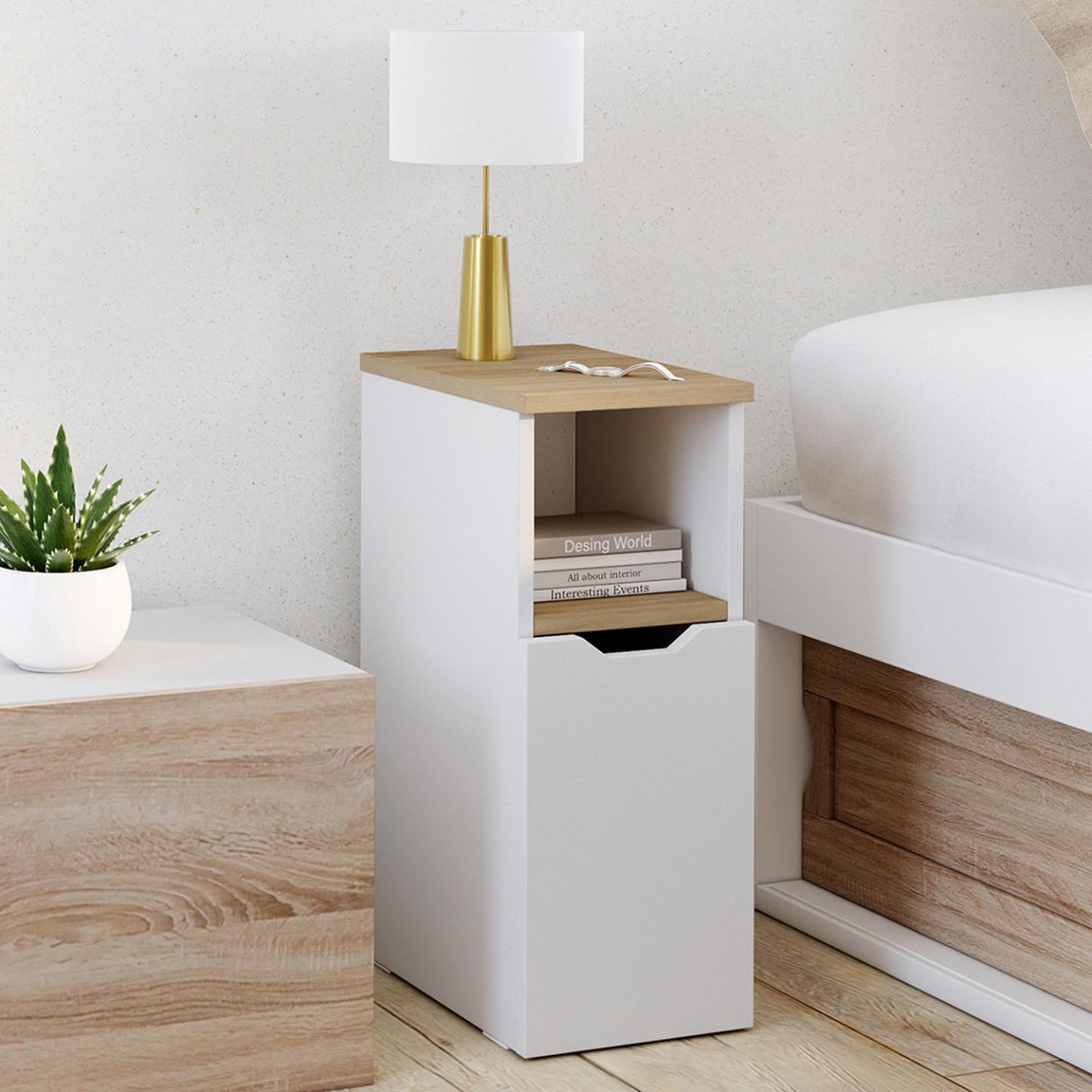 Voir la diapositive 2 : ID MARKET Lot de 2 tables de chevet étroites anouk 1 porte avec niche blanc et bois