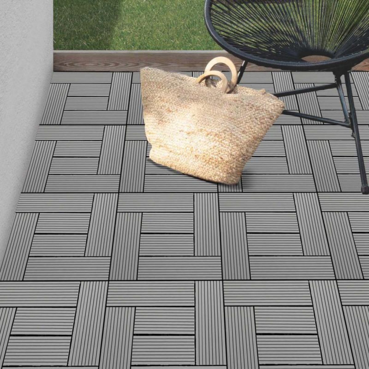 ID MARKET Lot de 5 dalles de terrasse mosaïque WODHY clipsables bois composite gris 30 x 30 cm