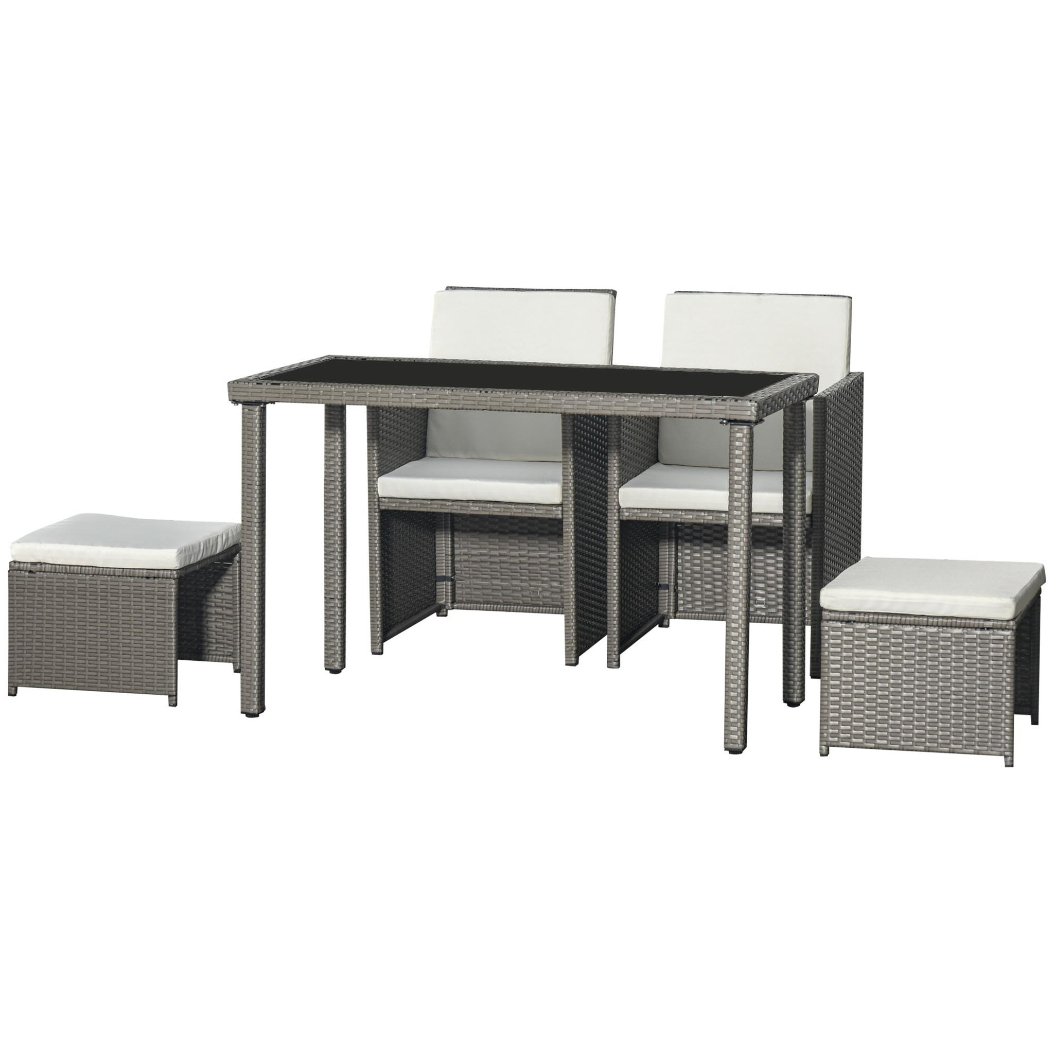 Voir la diapositive 1 : OUTSUNNY Outsunny Ensemble salon de jardin encastrable 2 fauteuils monoblocs + 2 tabourets + table basse résine tressée coussins déhoussables crème gris
