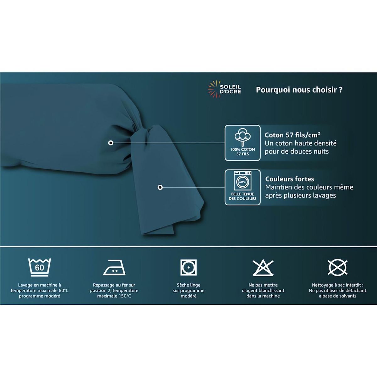 SOLEIL D'OCRE Taie de traversin en coton 57 fils UNI, par Soleil d'Ocre