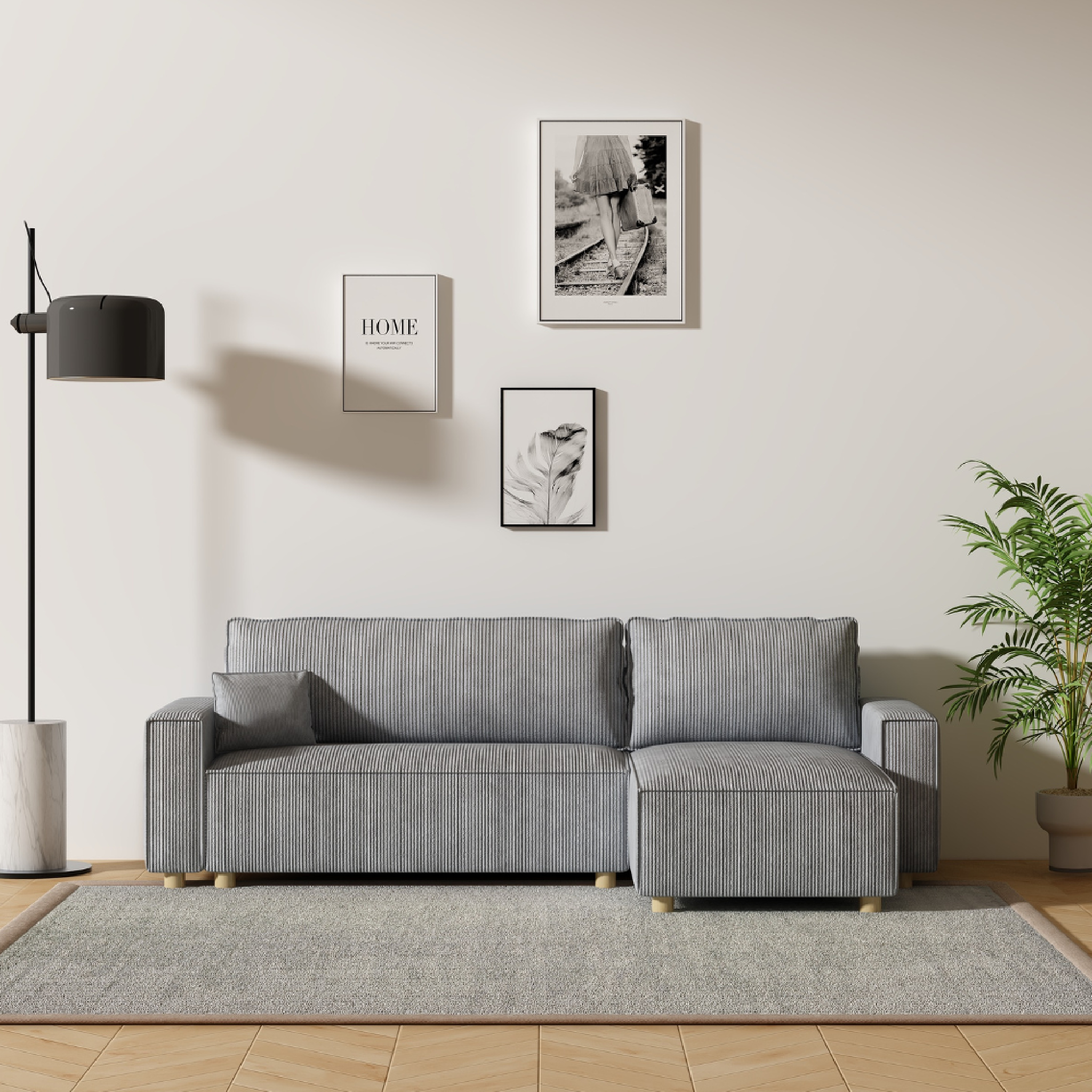 Voir la diapositive 2 : CONCEPT USINE Canapé convertible d'angle en velours côtelé gris clair cosy