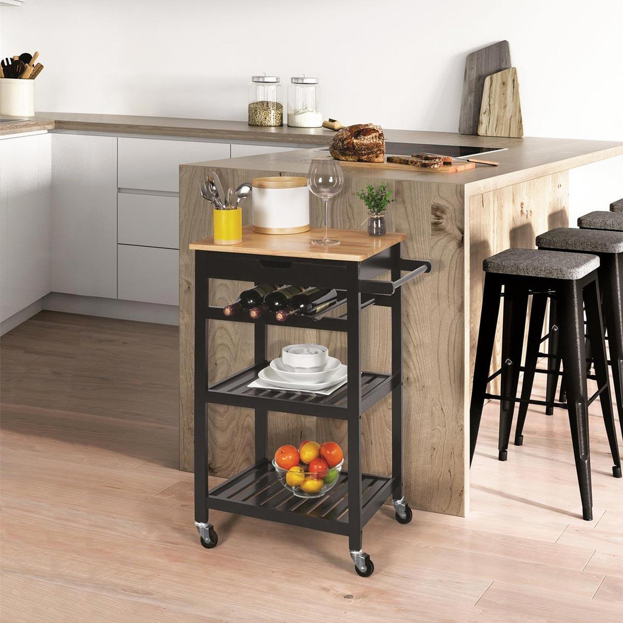 Voir la diapositive 4 : The Home Deco Factory Desserte de cuisine 3 niveaux  roulettes  84cm noir