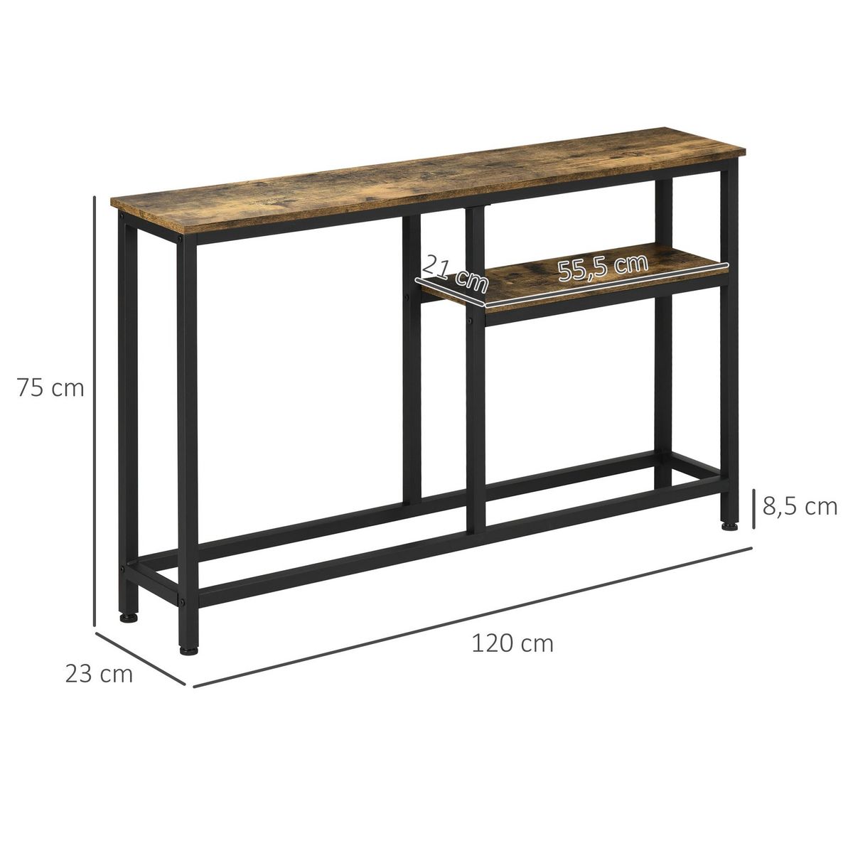 HOMCOM Console design industriel 2 étagères acier noir panneaux aspect bois vieilli
