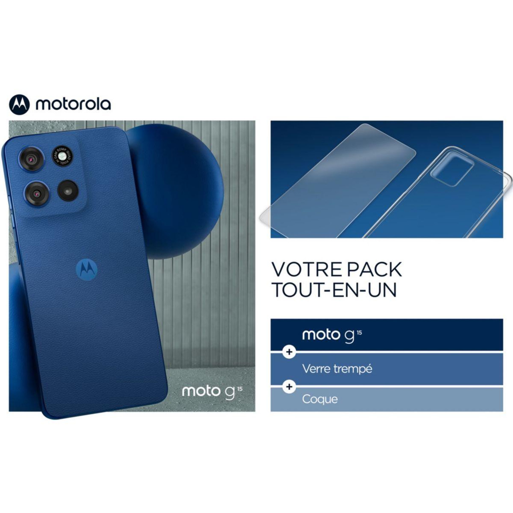 Voir la diapositive 2 : MOTOROLA Smartphone Pack G15 + Coque + verre trempe