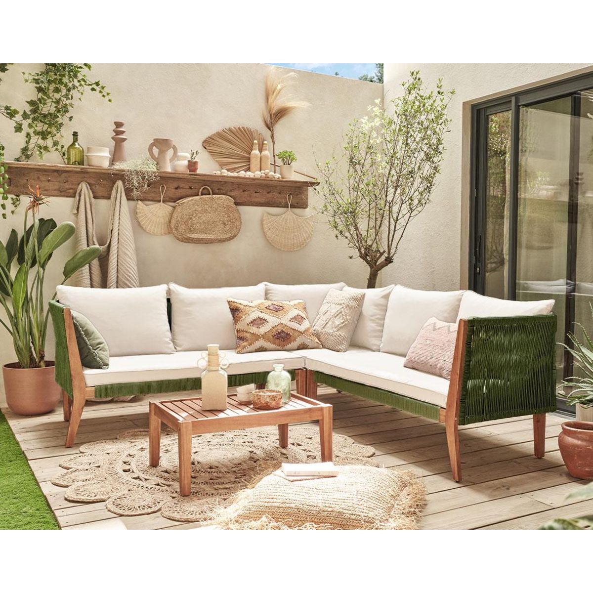 BEST MOBILIER Papua - salon de jardin en bois et corde kaki - 5 places - coussins beige