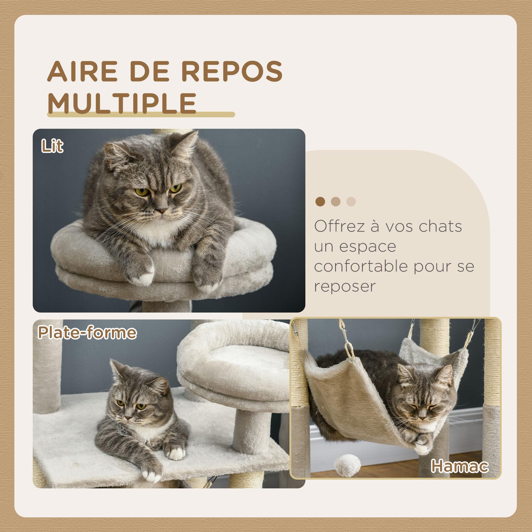 Voir la diapositive 6 : PAWHUT Arbre à chat griffoirs sisal naturel plateforme panier hamac boules suspendues et à ressort peluche gris clair