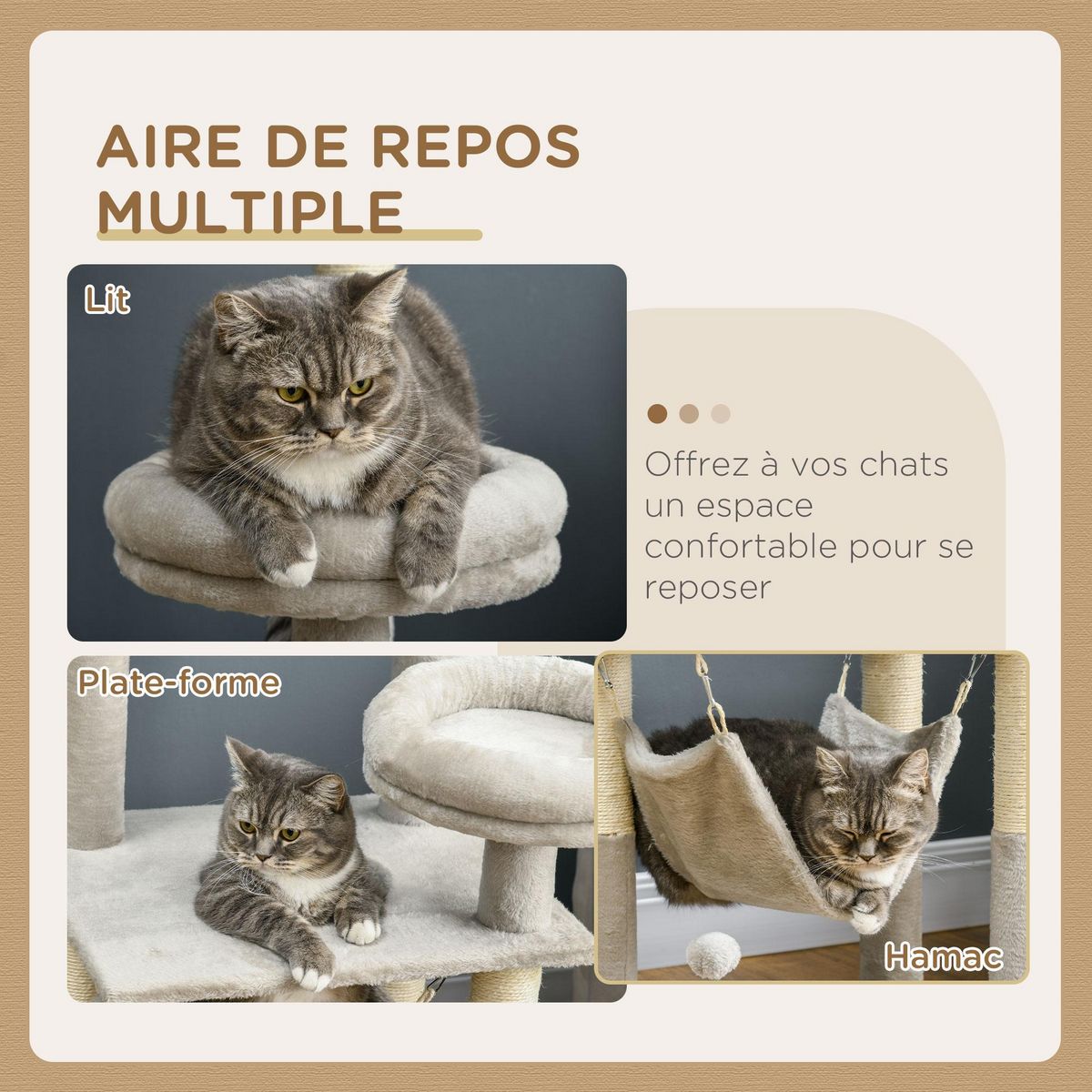 PAWHUT Arbre à chat griffoirs sisal naturel plateforme panier hamac boules suspendues et à ressort peluche gris clair