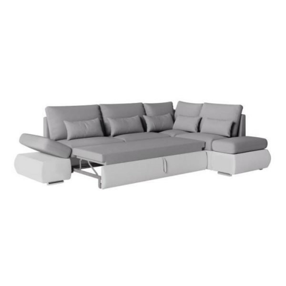 LOUNGITUDE Canapé d'angle réversible convertible SEVARA 4 places - PU blanc et tissu gris clair - Coffre de rangement - L267 x P200 x H90