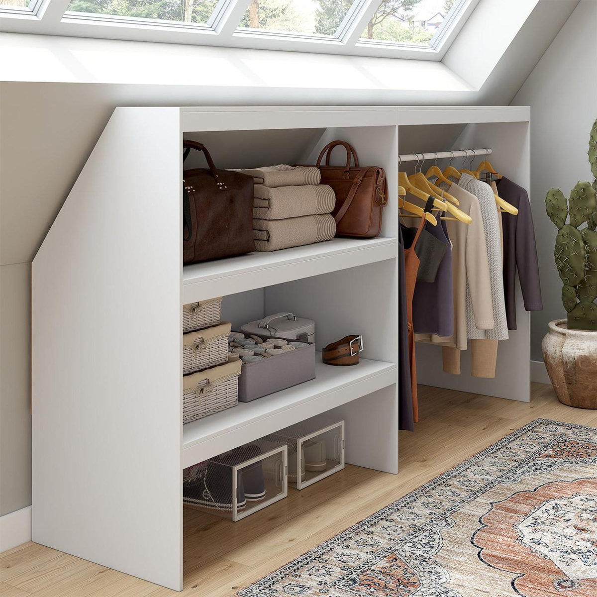 ID MARKET Kit dressing sous pente avec étagère 2 niveaux et penderie extensible TOMI 195 x 50 x 70/110 cm blanc