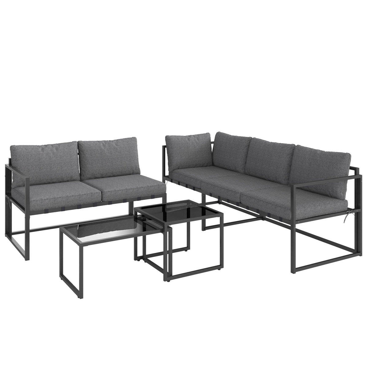 OUTSUNNY Ensemble salon de jardin d'angle 5 places 4 pièces modulables tables basses gigognes acier verre trempé noir gris