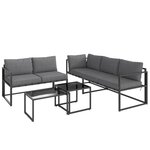 OUTSUNNY Ensemble salon de jardin d'angle 5 places 4 pièces modulables tables basses gigognes acier verre trempé noir gris