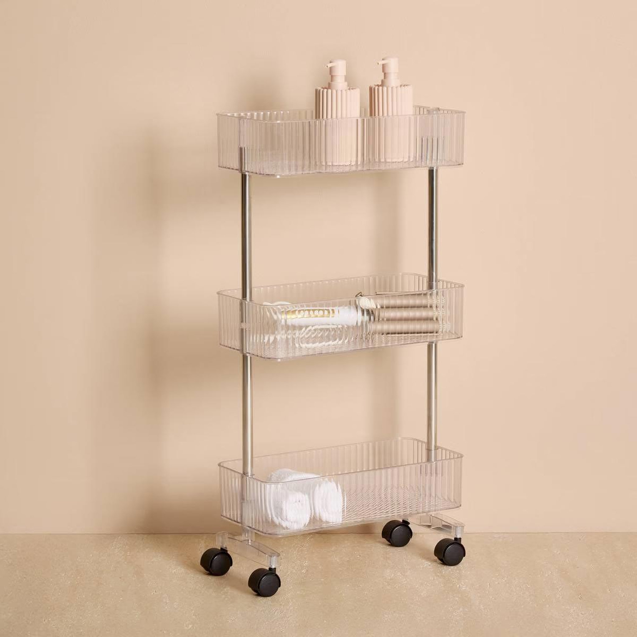 Voir la diapositive 4 : FIVE Desserte 3 niveaux  plastor  80cm transparent