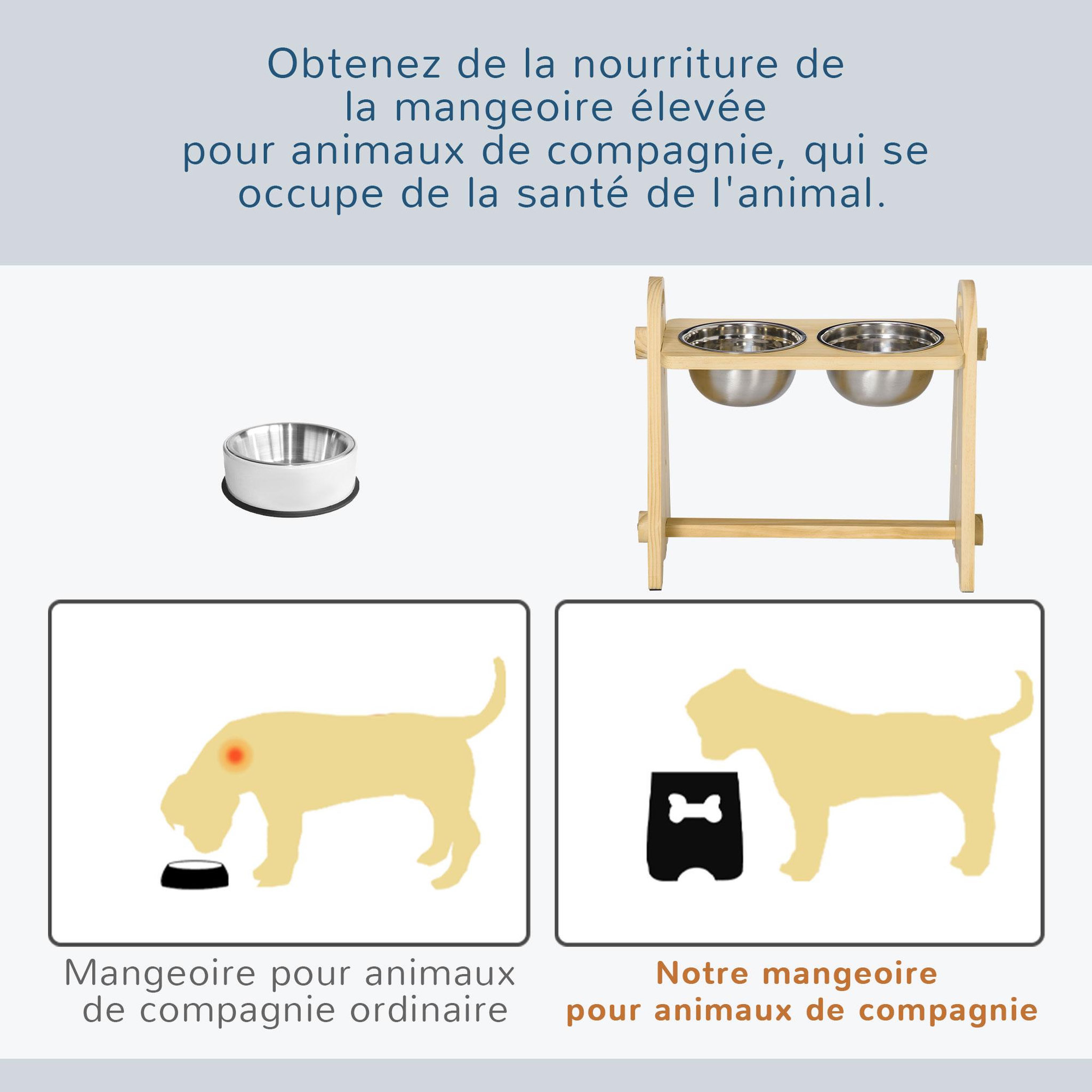 Voir la diapositive 4 : PAWHUT Gamelle double chien chat - porte-gamelles surélevé - hauteur, inclinaison réglables - 2 gamelles acier inox. incluses bois pin