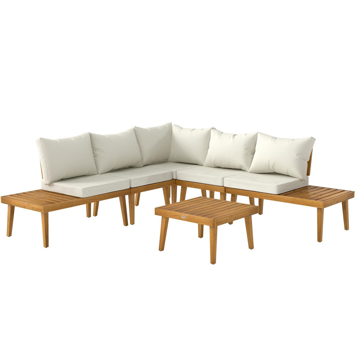 OUTSUNNY Salon de jardin d'angle 5 places en bois d'acacia avec table basse et tablettes latérales coussins crème