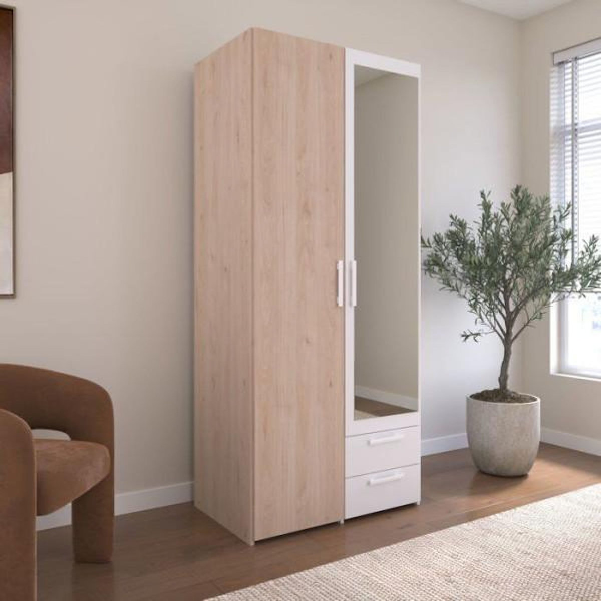PARISOT Armoire VARIA - Décor chene et blanc - 2 portes - Miroir - L 80,7 x P 51,7 x H 185 cm - PARISOT