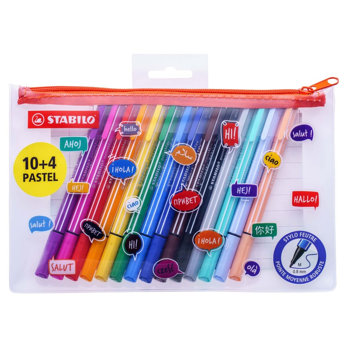 STABILO Lot de 10+4 stylos feutres pointe moyenne robuste Pointmax coloris assortis + trousse