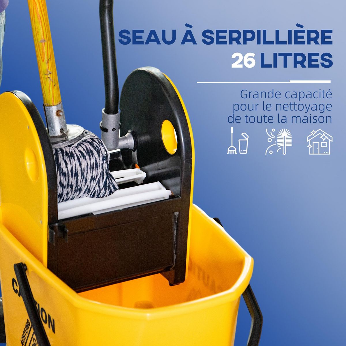 HOMCOM Chariot de nettoyage lavage seau de ménage 26L avec essoreur - 4 roulettes, poignées - métal PP jaune noir