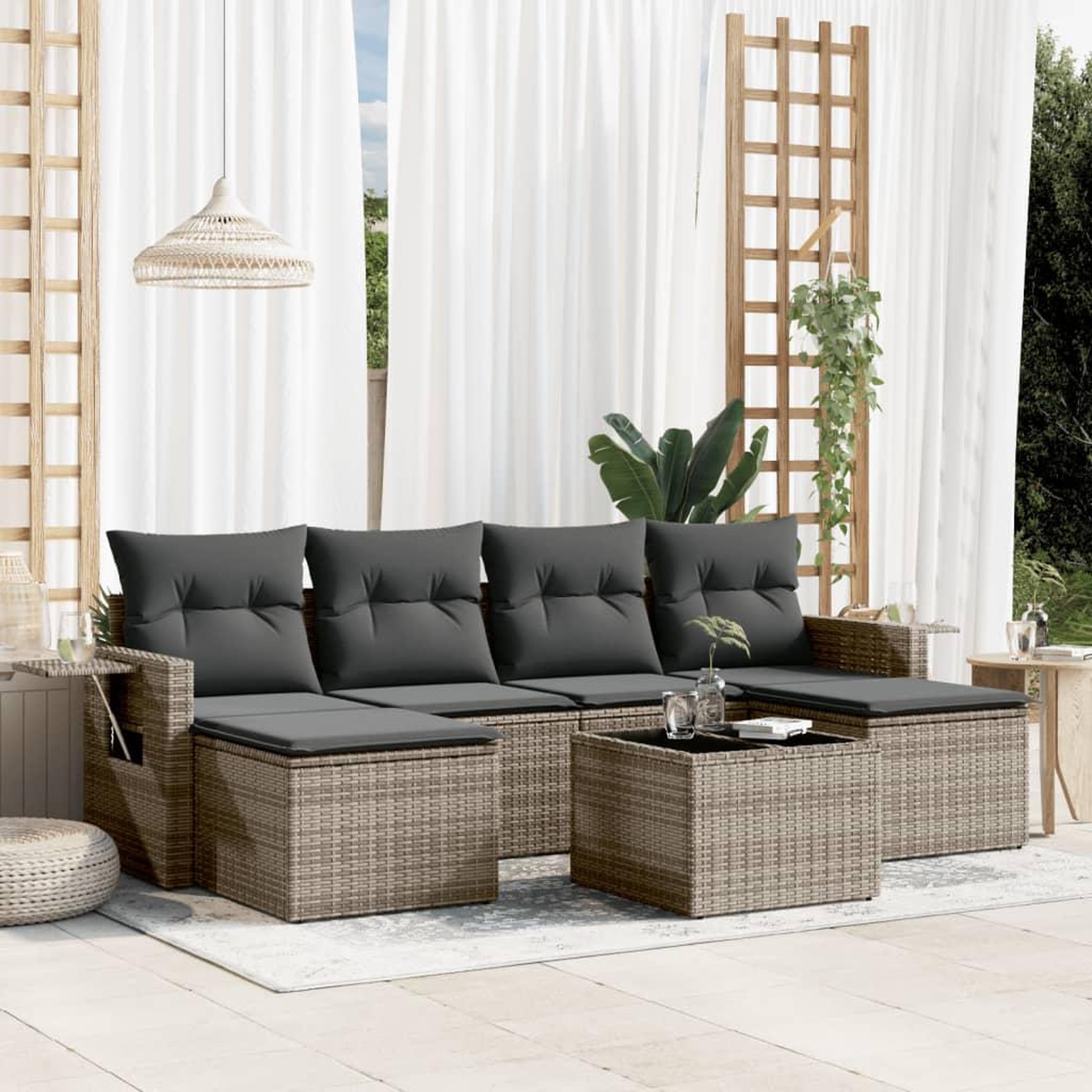 VIDAXL Salon de jardin avec coussins 7 pcs gris resine tressee