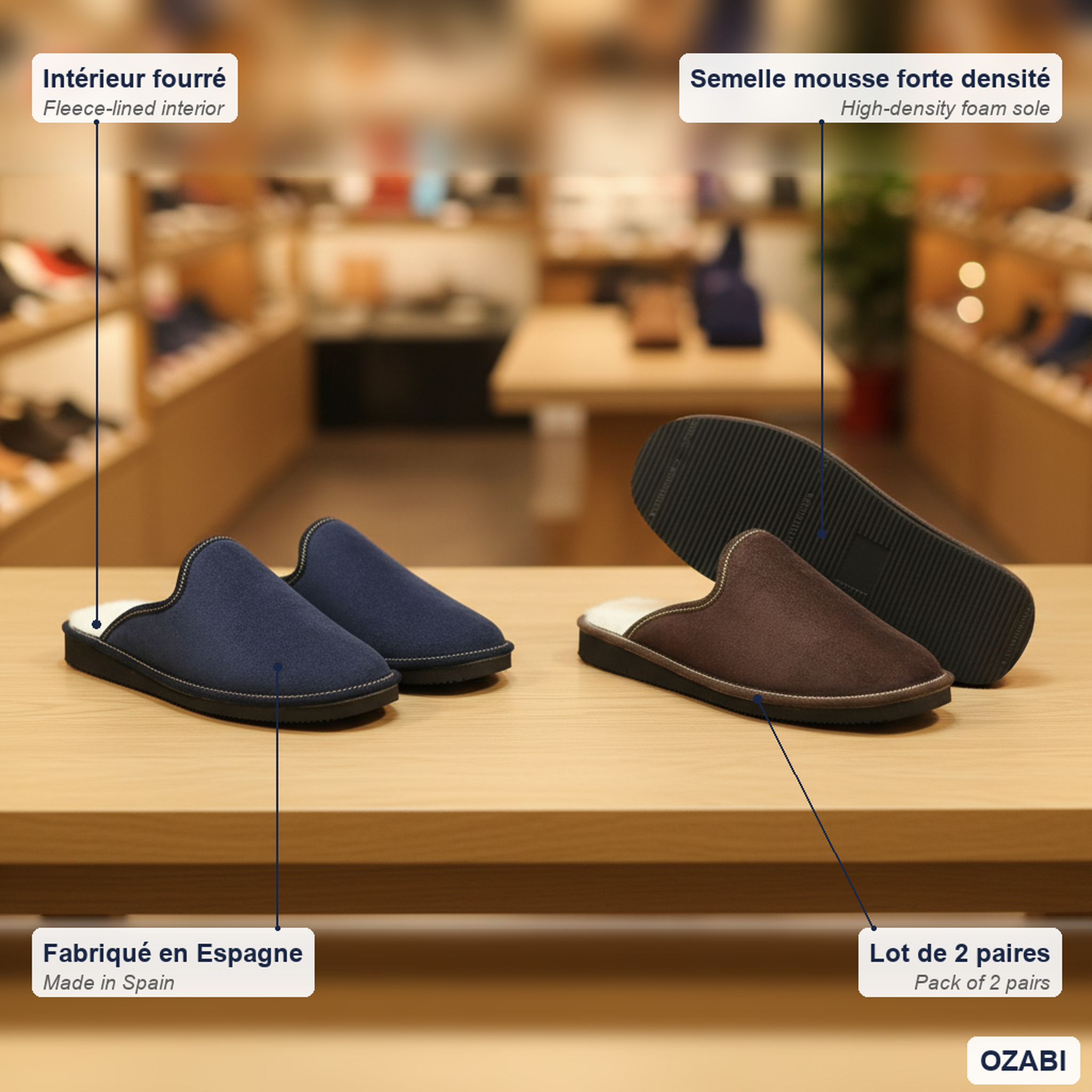 Voir la diapositive 5 : OZABI Ozabi pack de 2 paires pantoufles mules homme fabriquées en espagne