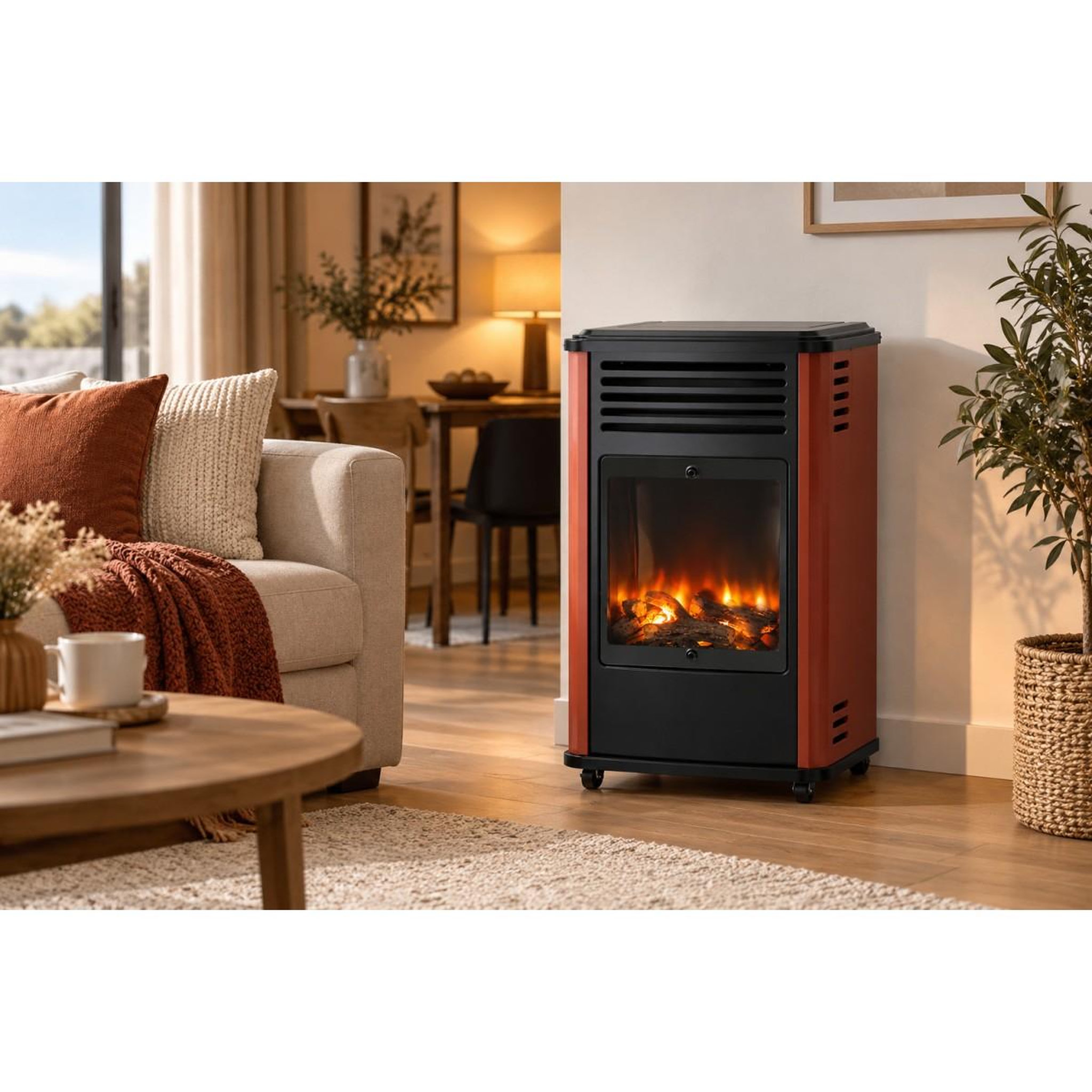 Voir la diapositive 5 : SAHARA Pack 2 Poêles à gaz 3.4KW Manhattan Rouge Effet feu de bois 3 niveaux de chauffe 40-80m2 Sahara