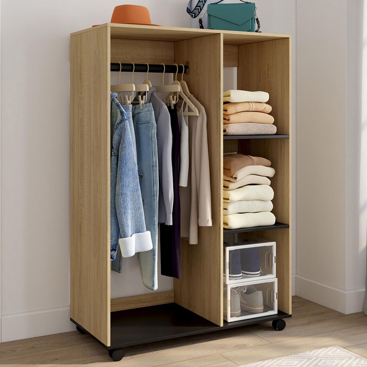 ID MARKET Dressing penderie RACHEL 80 x 40 x 120 cm à roulettes hêtre et noir