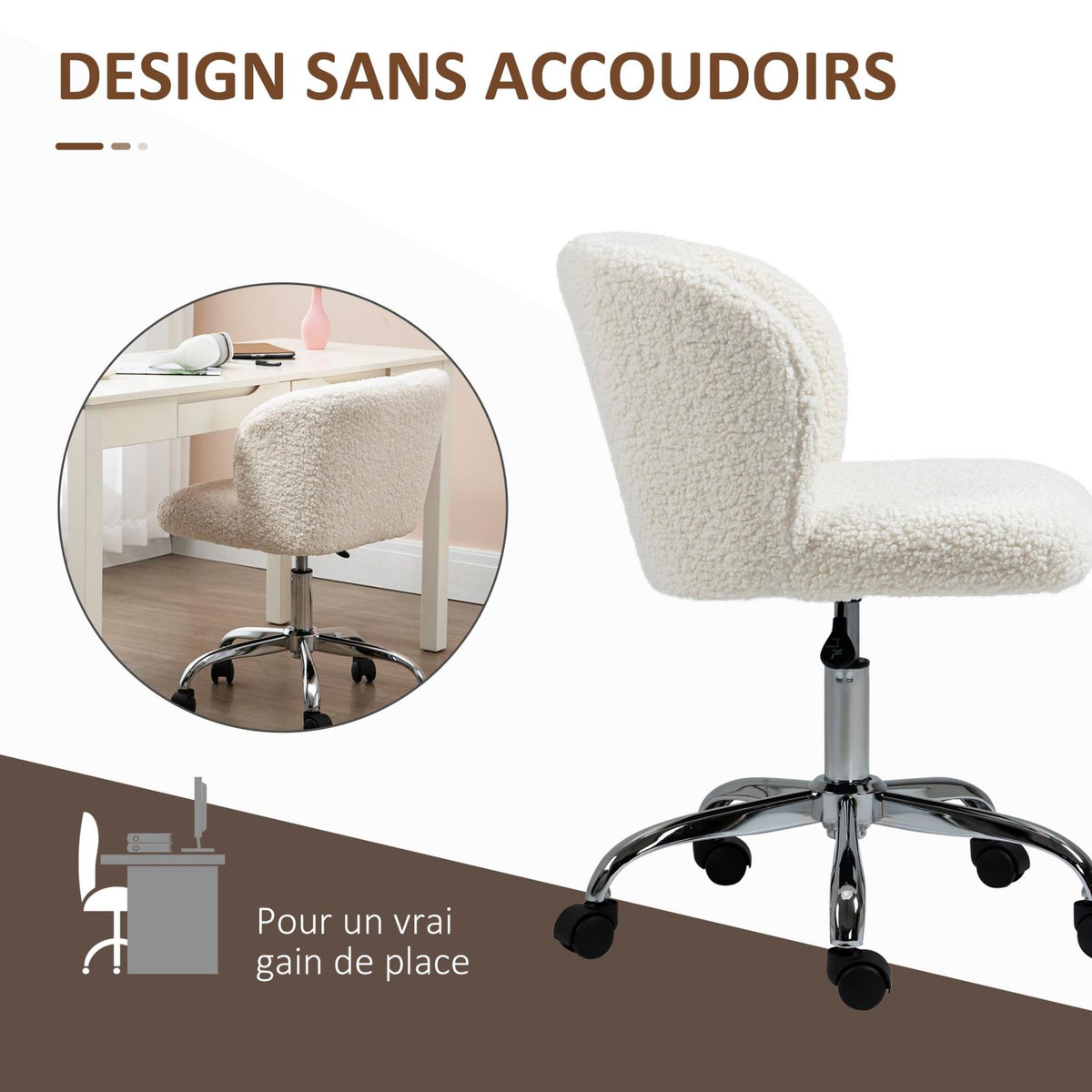 HOMCOM Chaise de bureau design - hauteur réglable, pivotante - piètement acier chromé revêtement effet laine bouclée blanc
