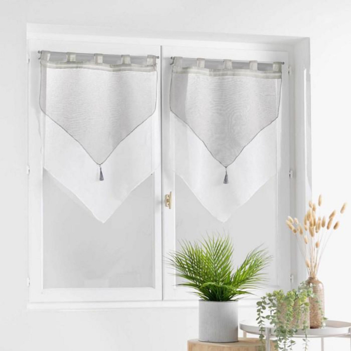 Paris Prix Paire de Voilages  Duetto  60x120cm Gris & Blanc