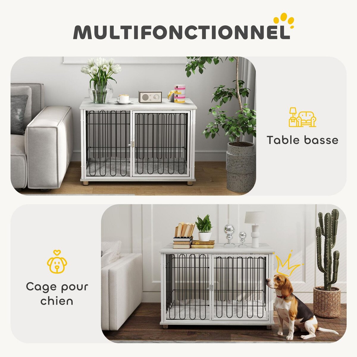 PAWHUT Cage chien avec coussin 90 x 58 x 62 cm - porte verrouillable - effet bois gris clair acier blanc noir