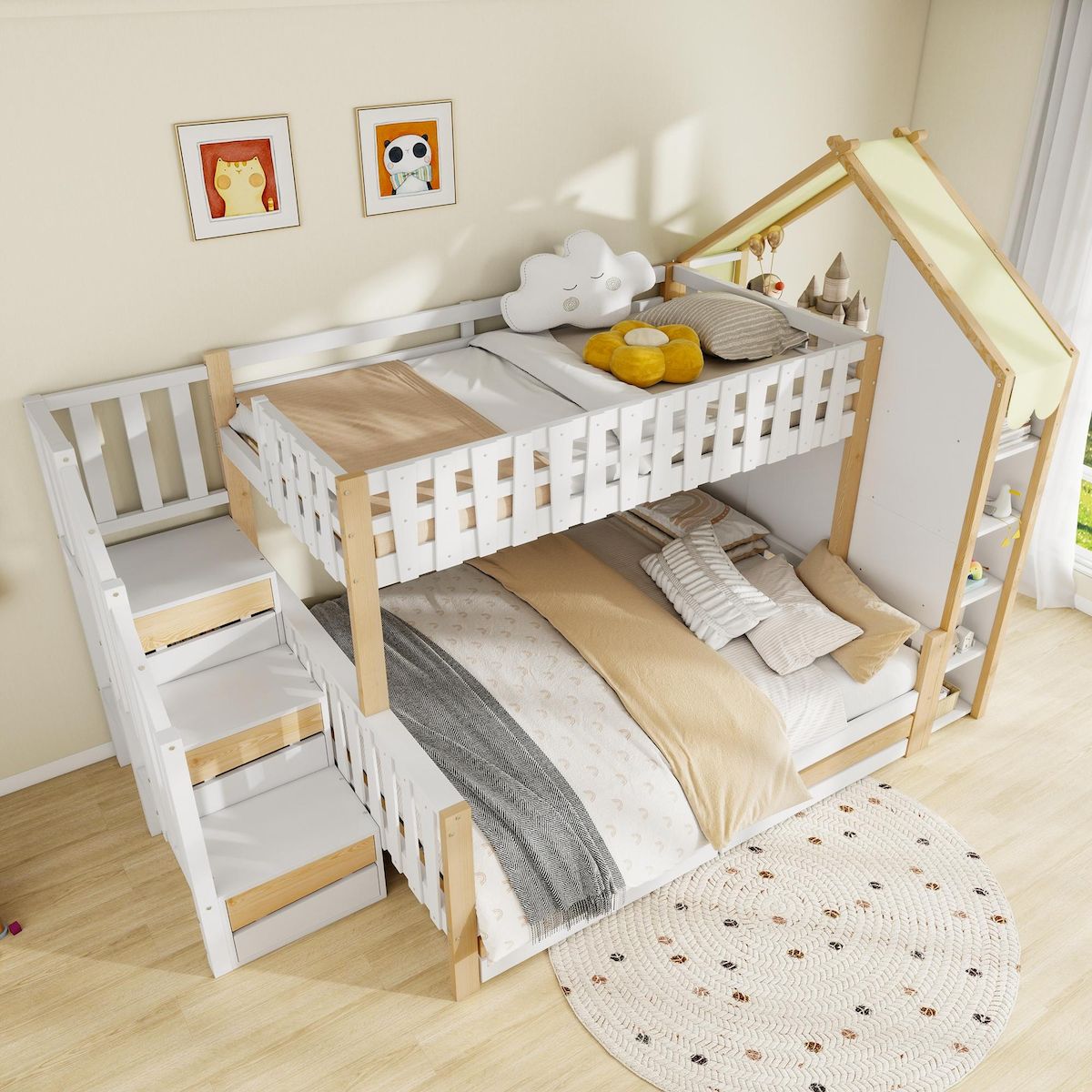 MERAX Lit superposé 140x200(90x200)cm coloris blanc+naturel pin