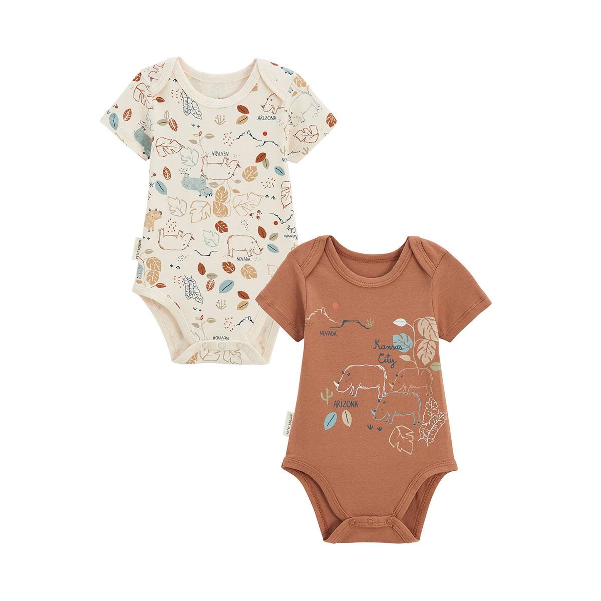 Petit Béguin Lot de 2 bodies bébé manches courtes kansas city. Coloris disponibles : Marron