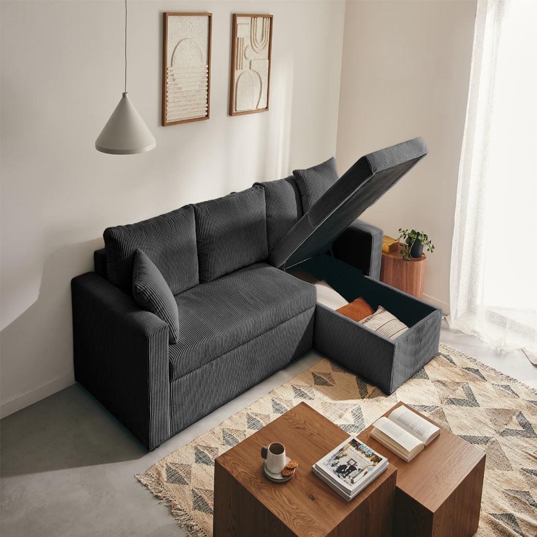 Voir la diapositive 2 : BEST MOBILIER Cyrus - canapé d'angle réversible 4 places - convertible avec coffre - en velours côtelé