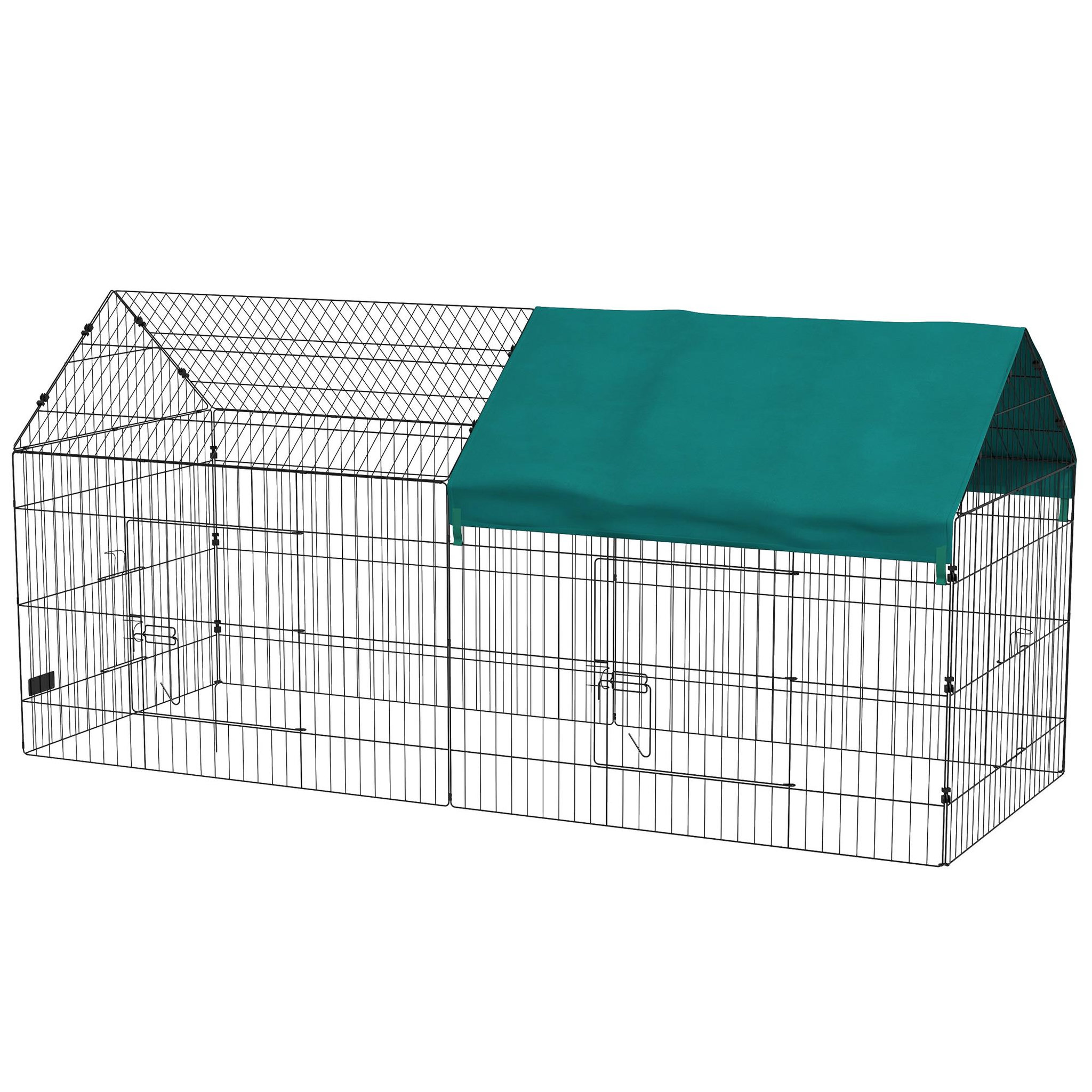 PAWHUT Parc enclos petits animaux - 2 portes, 2 trappes nourrissages, zone couverte - acier noir polyester vert